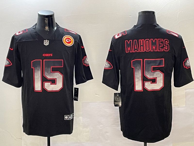 Men Kansas City Chiefs 15 Mahomes Black Nike Smoke Fashion 2024 Limited NFL Jersey style 2